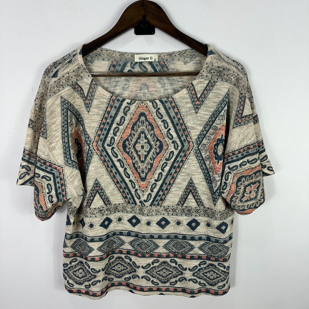 Ginger G Southwestern Aztec‎ Print Top L Beige Blue Short Sleeve Boho Festival